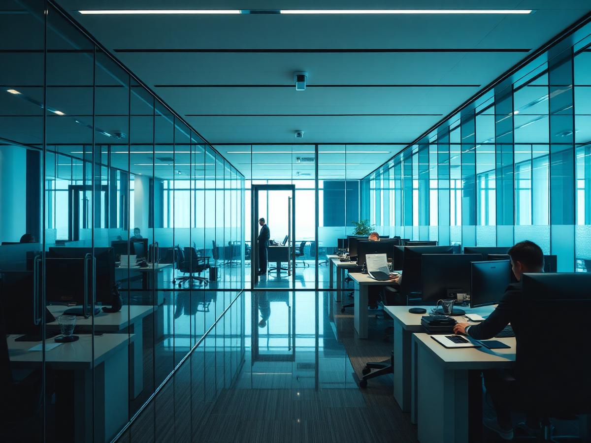 Modern in-house legal department office with glass-walled meeting rooms