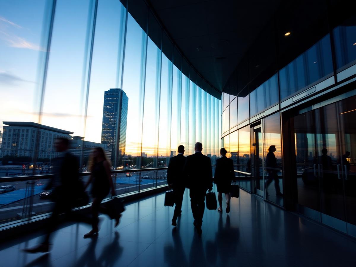 Legal professionals walking through a glass office lobby at dusk