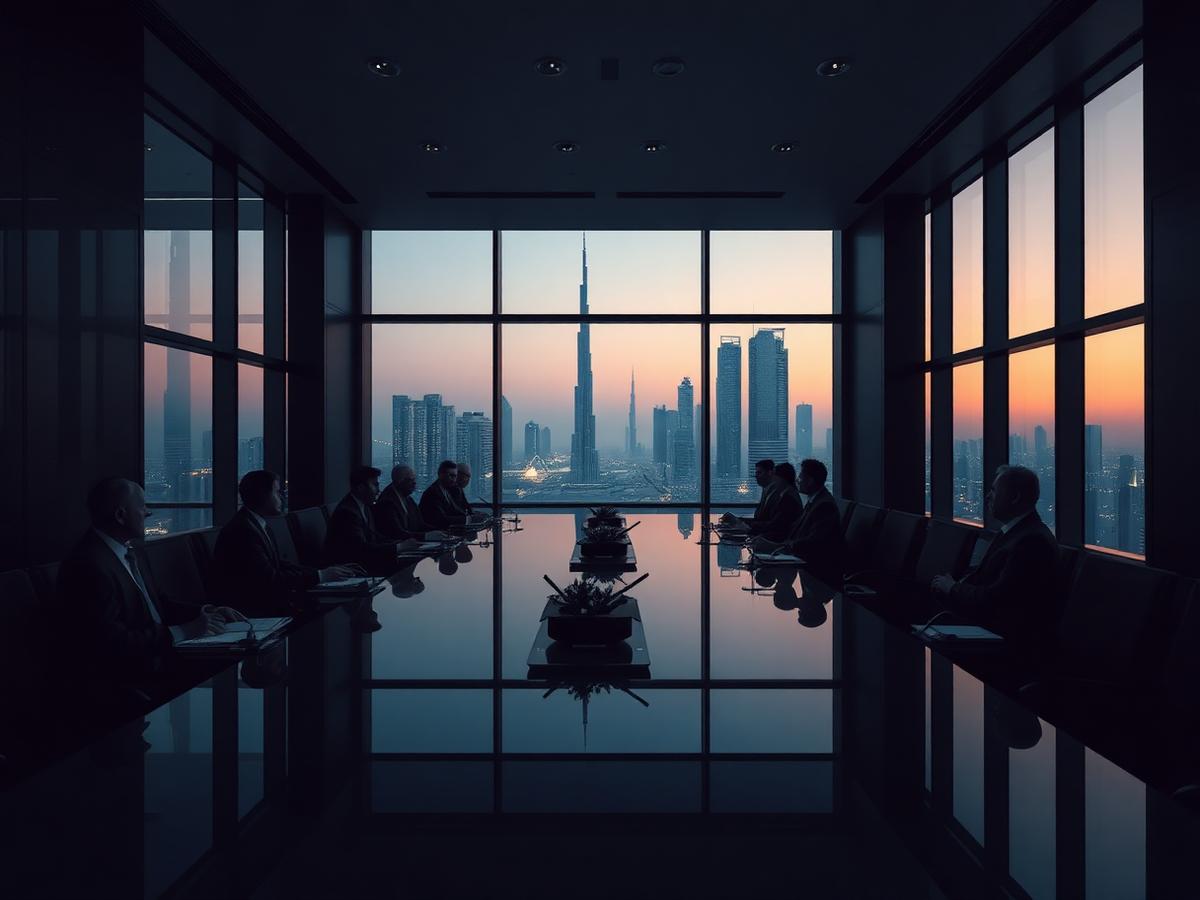 Lawyers meeting in a boardroom overlooking the Dubai skyline at dusk