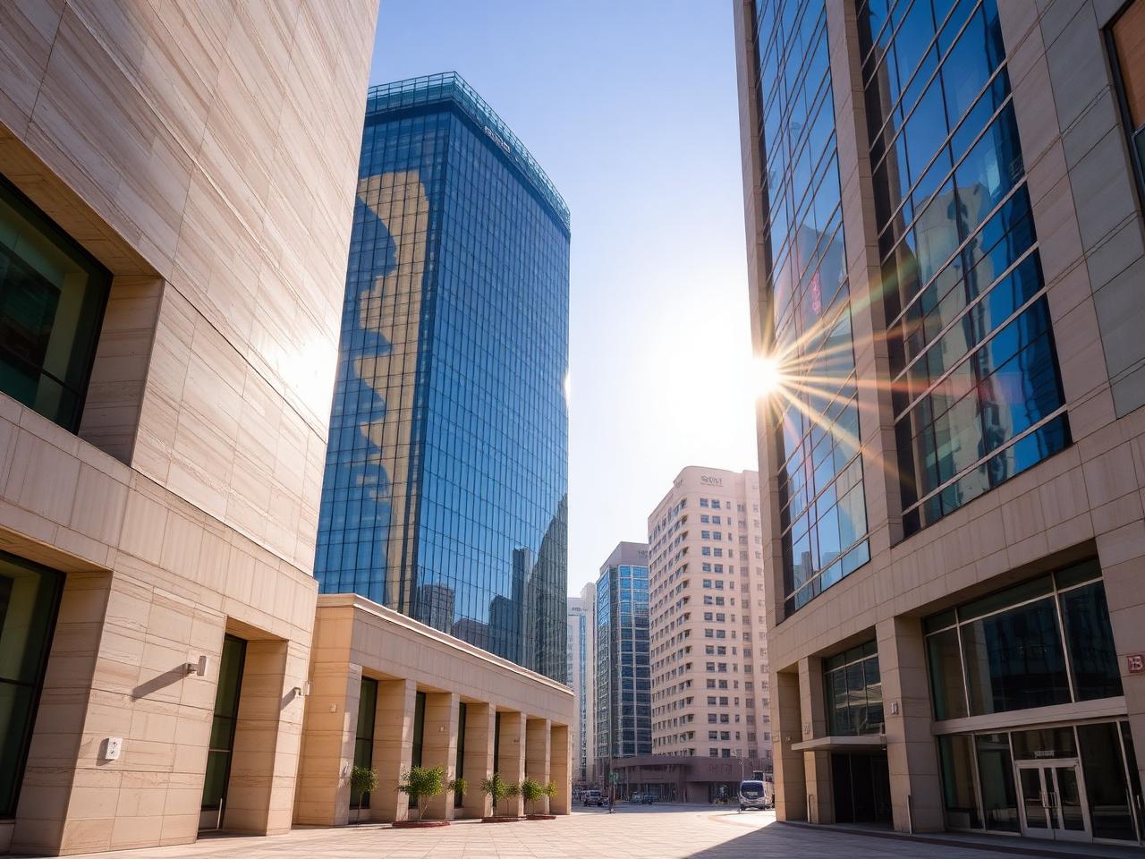 Sunlit business district towers in a Gulf financial centre