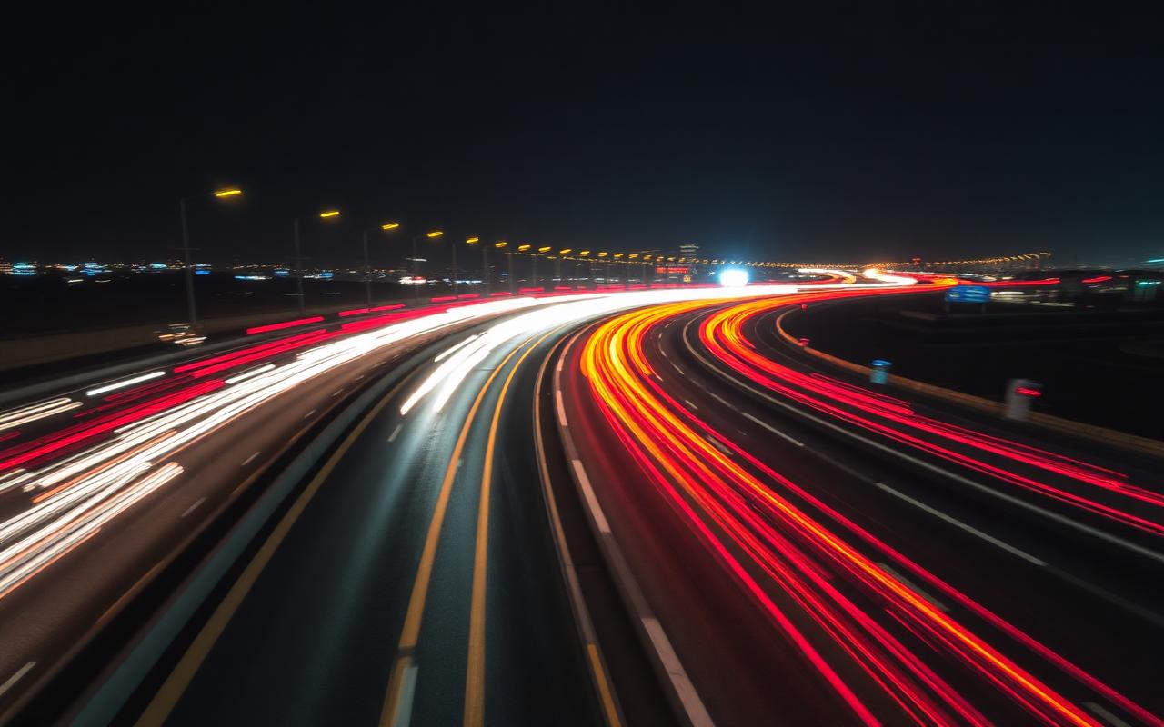 Long exposure light trails of night traffic on a Gulf highway