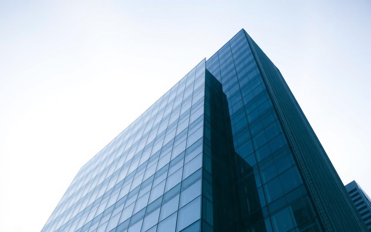 Glass office tower rising against a clear sky, seen from below