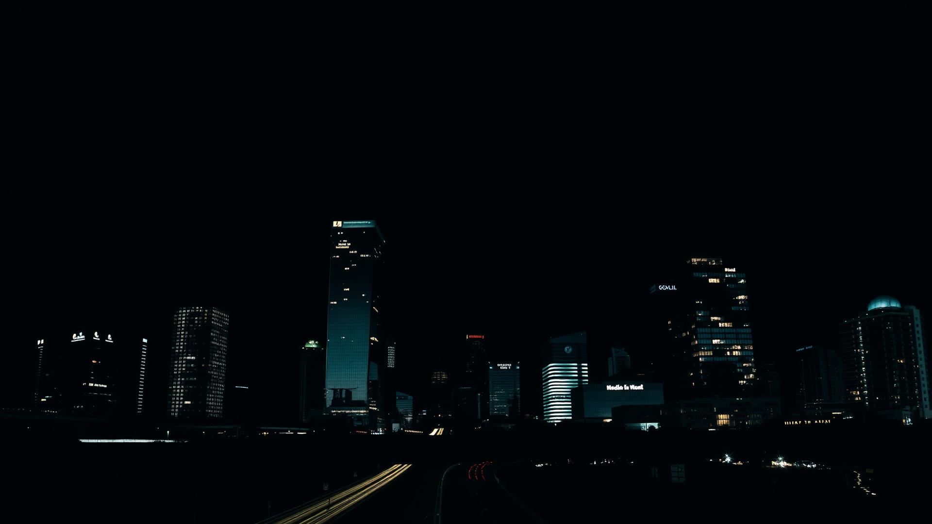 Duotone navy photograph of a Gulf business district skyline at dusk, representing interim and contract legal work