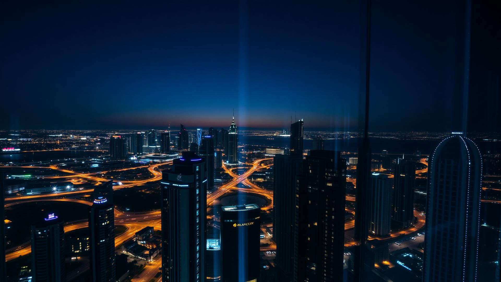 Dubai skyline at dusk viewed from a high-rise law office